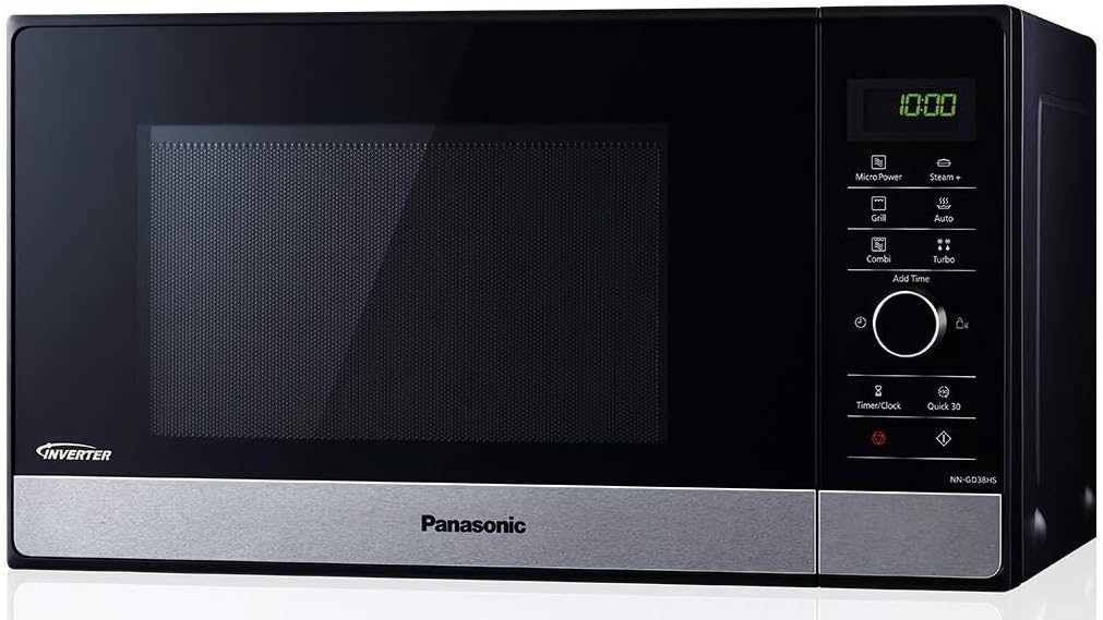 Panasonic Four à micro-ondes NN-GD38HSGTG avec grill (1000 W, cuiseur à vapeur, four à micro-ondes combiné, plaque à pizza, 23 litres) en acier inoxydable noir