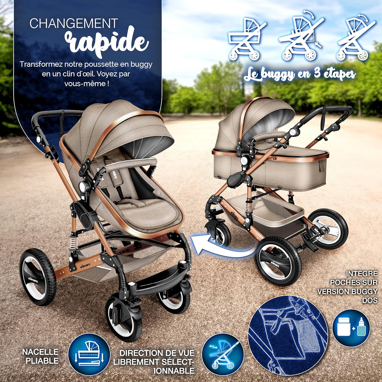 KIDUKU® Poussette Combinée 3 en 1 | Trio pour Enfants | Siége Auto Légère, Piable | Nacelle Souple Convertible | Set de Voyage (Noir/Champagne)