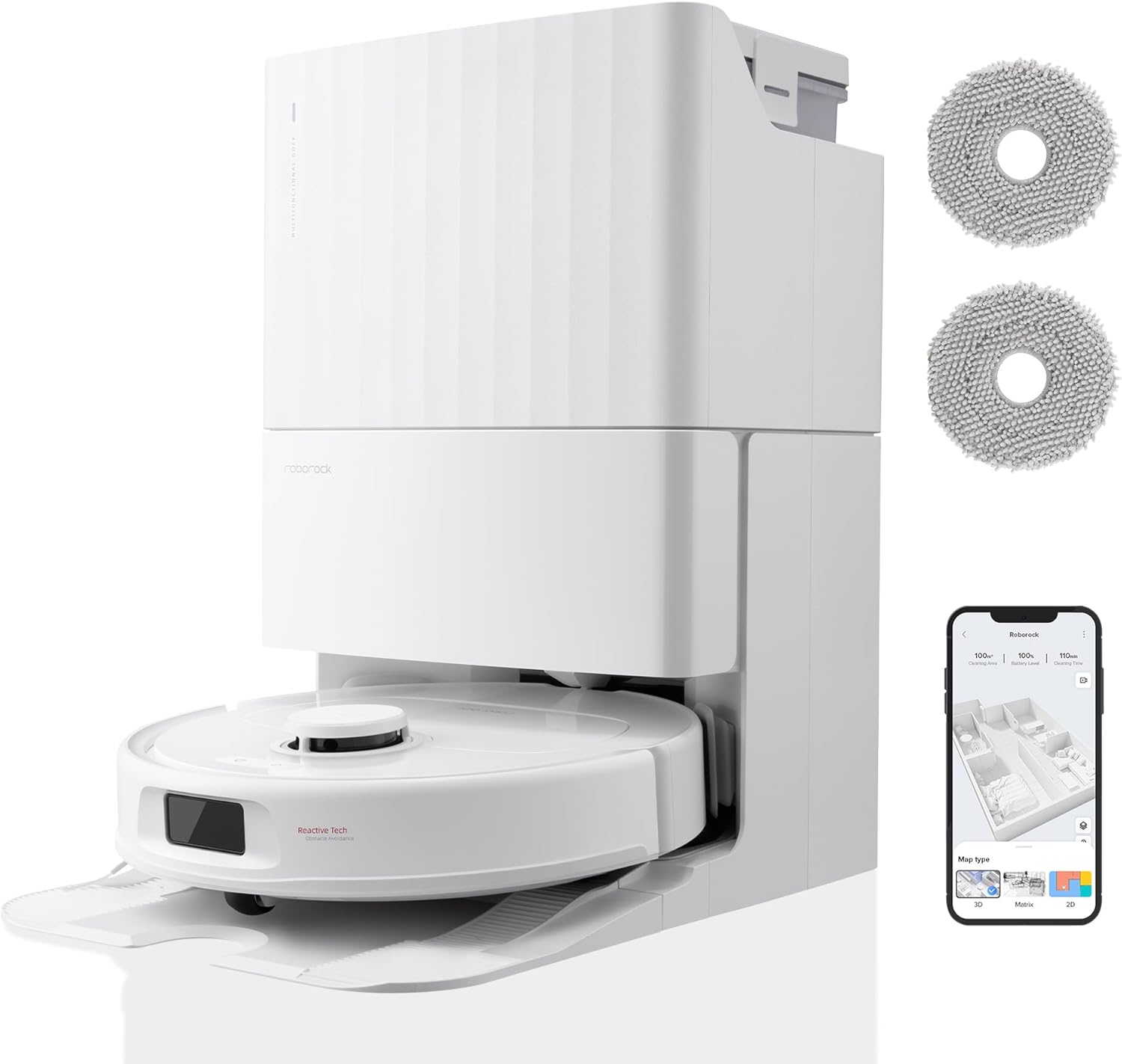 roborock Qrevo S Set Aspirateur Robot Laveur, 7000Pa HyperForce, Double Serpillière Rotative 200 tr/min & Relevable 10mm, Station Multifonctionnelle, 3D Cartographie, Reactive Tech, Contrôle APP, Noir