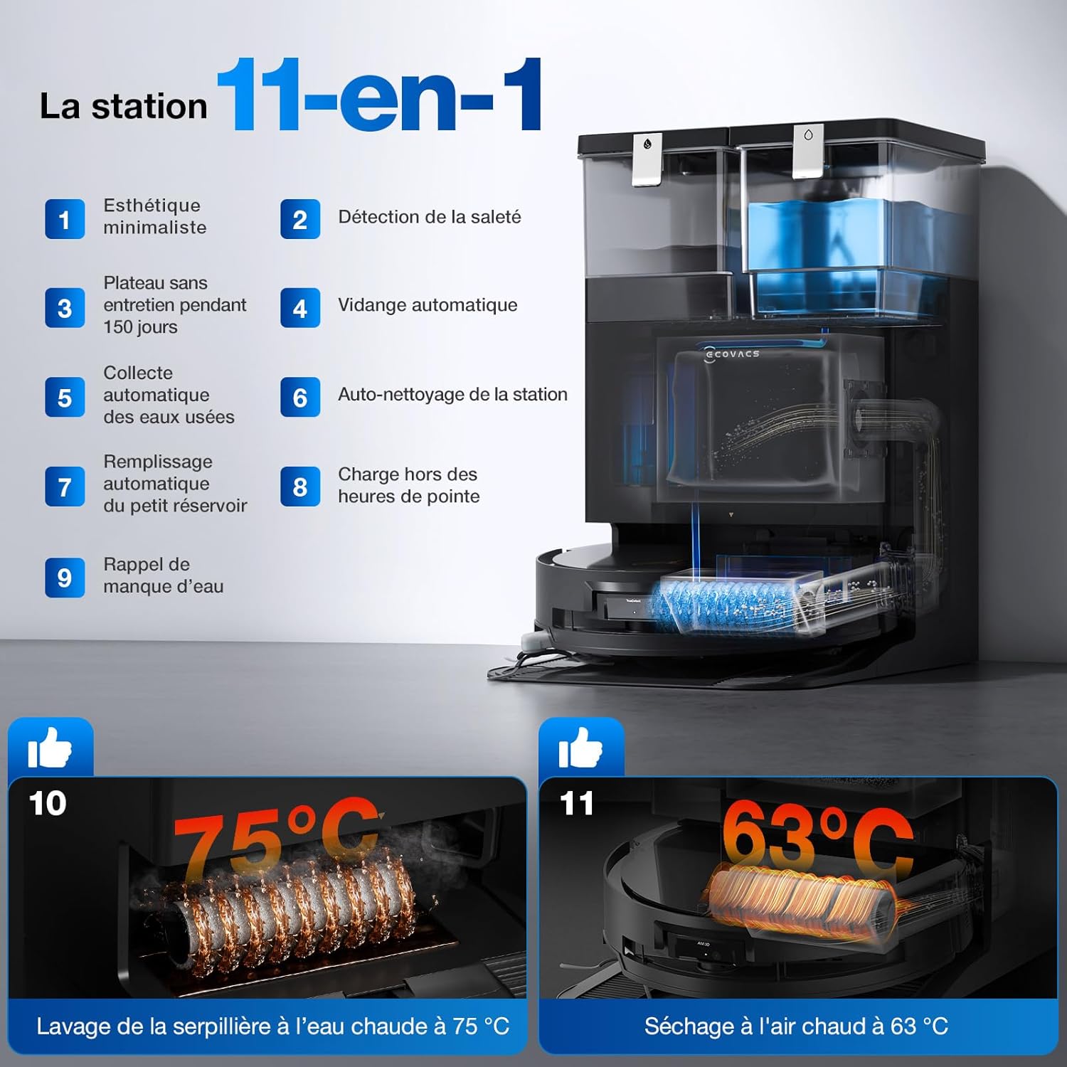 ECOVACS X8 PRO OMNI Robot Aspirateur Laveur avec Station Tout-En-Un, Puissance 18000Pa, Nettoyage Automatique Instantané OZMO ROLLER, Nettoyage à l'eau chaude 75℃, Ajout Solution Nettoyage Automatique