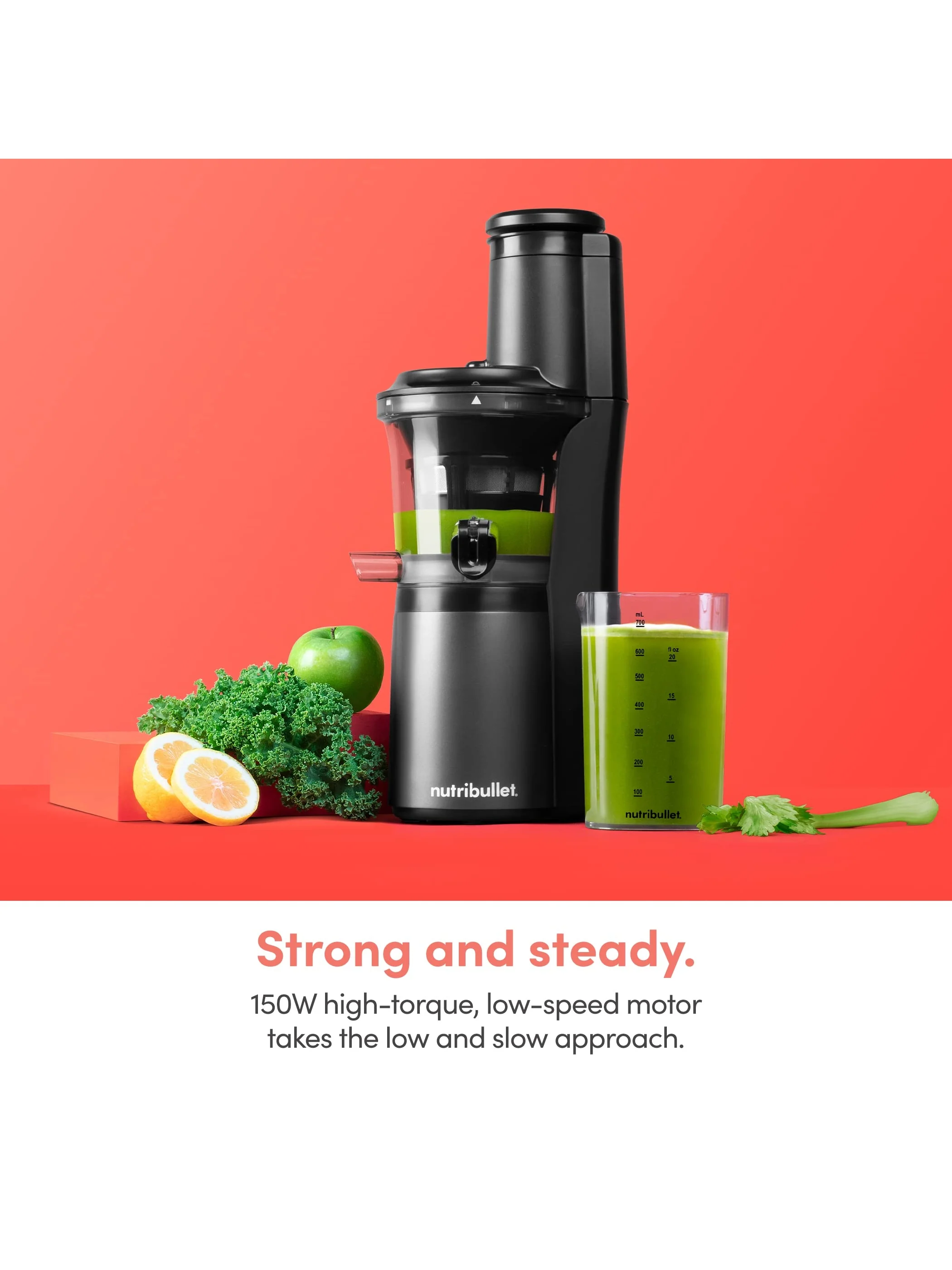 nutribullet Slow Juicer, Slow Masticating Juicer Machine, Easy to Clean, Quiet Motor & Reverse Function, BPA-Free, Cold Press Juicer with Brush, 150 Watts, Charcoal Black, NBJ50300, 24-oz