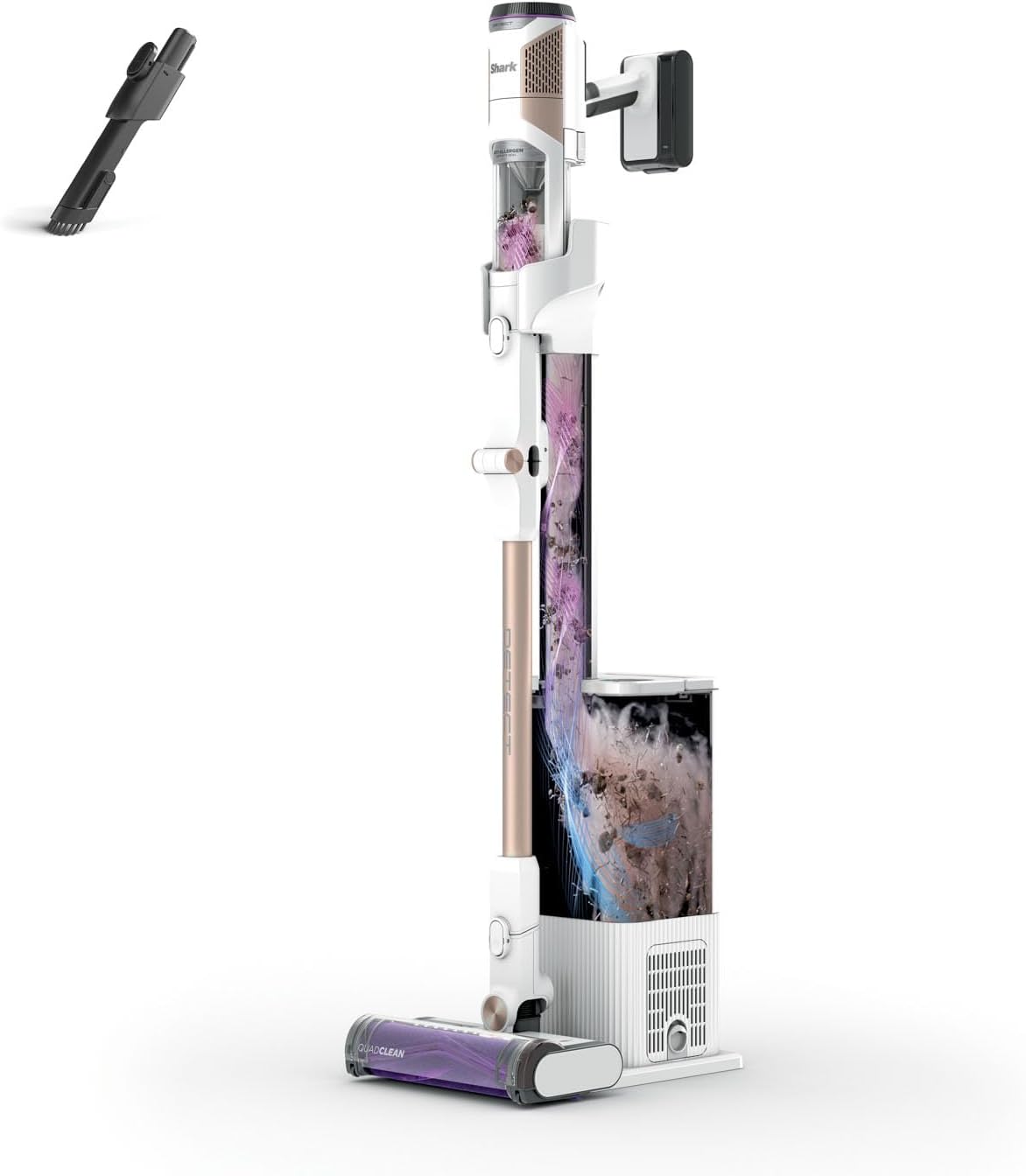 Shark Clean & Empty Aspirateur sans fil, système vidange automatique, aspirateur léger anti-poils avec outils animaux et interstices, autonomie 40 minutes, station de chargement, blanc/bleu, BU3521EU