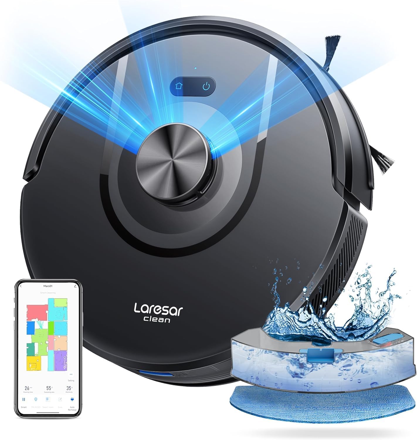 Laresar Clean Robot Aspirateur Laveur Mars01, Navigation Lidar 360°, 5000Pa Aspirateur Robot, 180min, Robot Aspirateur Laveur Convient aux Poils d'animaux, Tapis et Sols，App/Alexa/Google Home