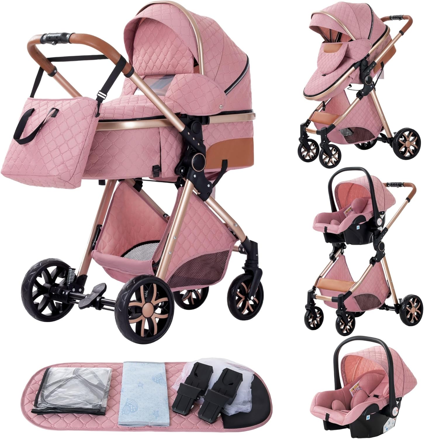 YAZOCO Poussette 3 en 1 Pliable Poussette Bebe Confort Moustiquaire, Couvre - Pieds, Porte - Gobelet, Coussin Poussettes et Landaus
