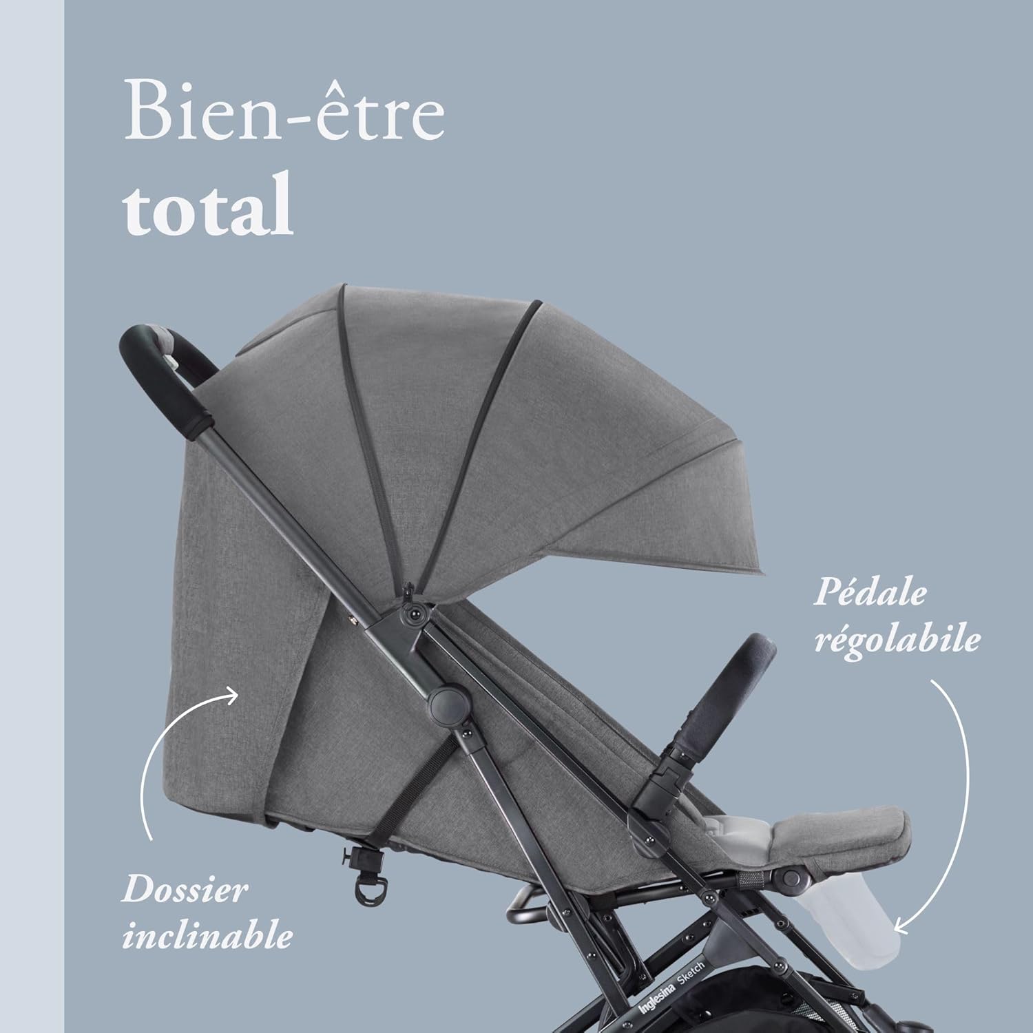 Inglesina Sketch Poussette Légère et Compacte, Bleu, Confortable, jusqu'à 17kg, Pliage à une main, UPF 50+