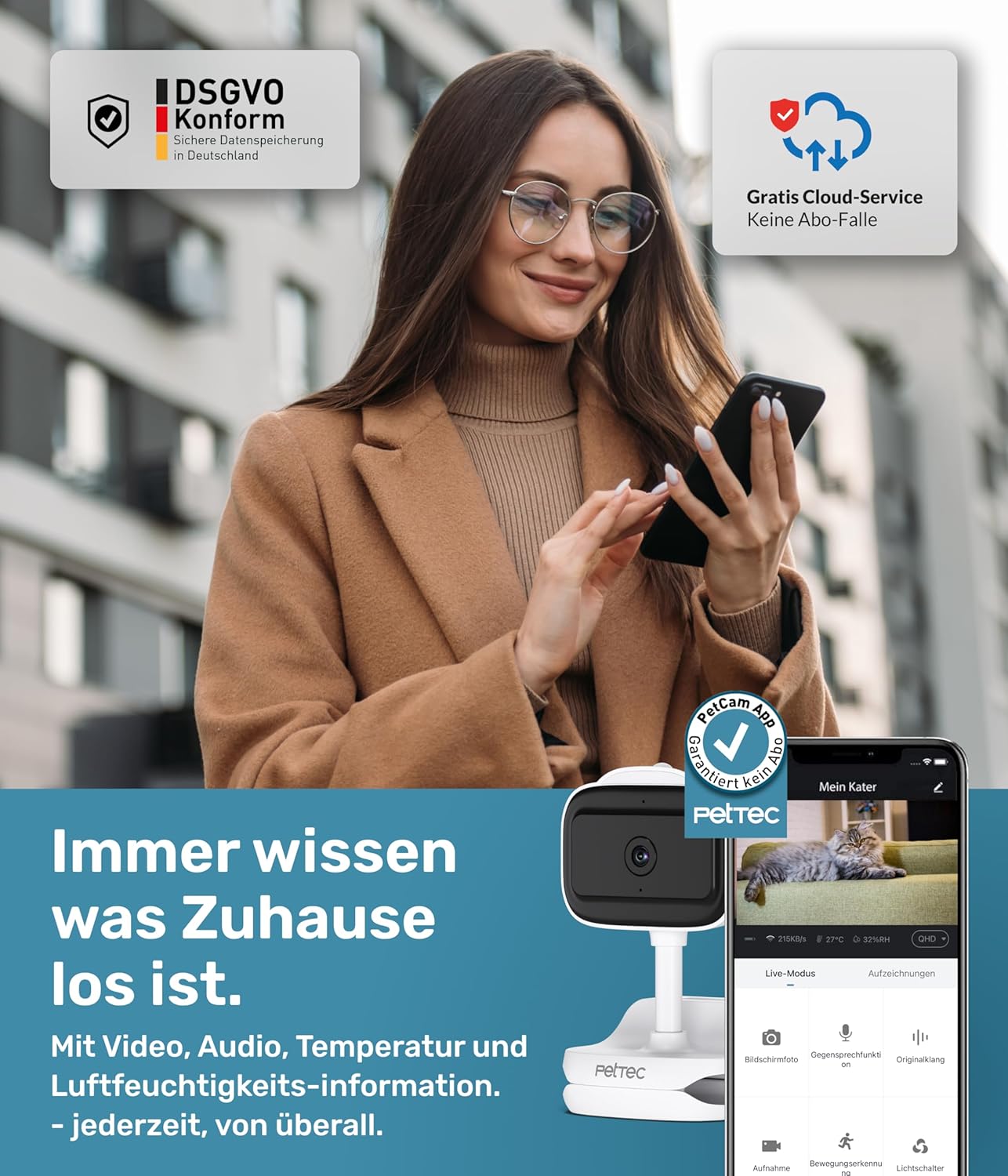 PetTec Cam Free Lot de 2 caméras sans fil pour animaux de compagnie avec application [sans piège à abonnement] – Caméra pour chats et chiens intérieur/extérieur – Détection de mouvement et fonction