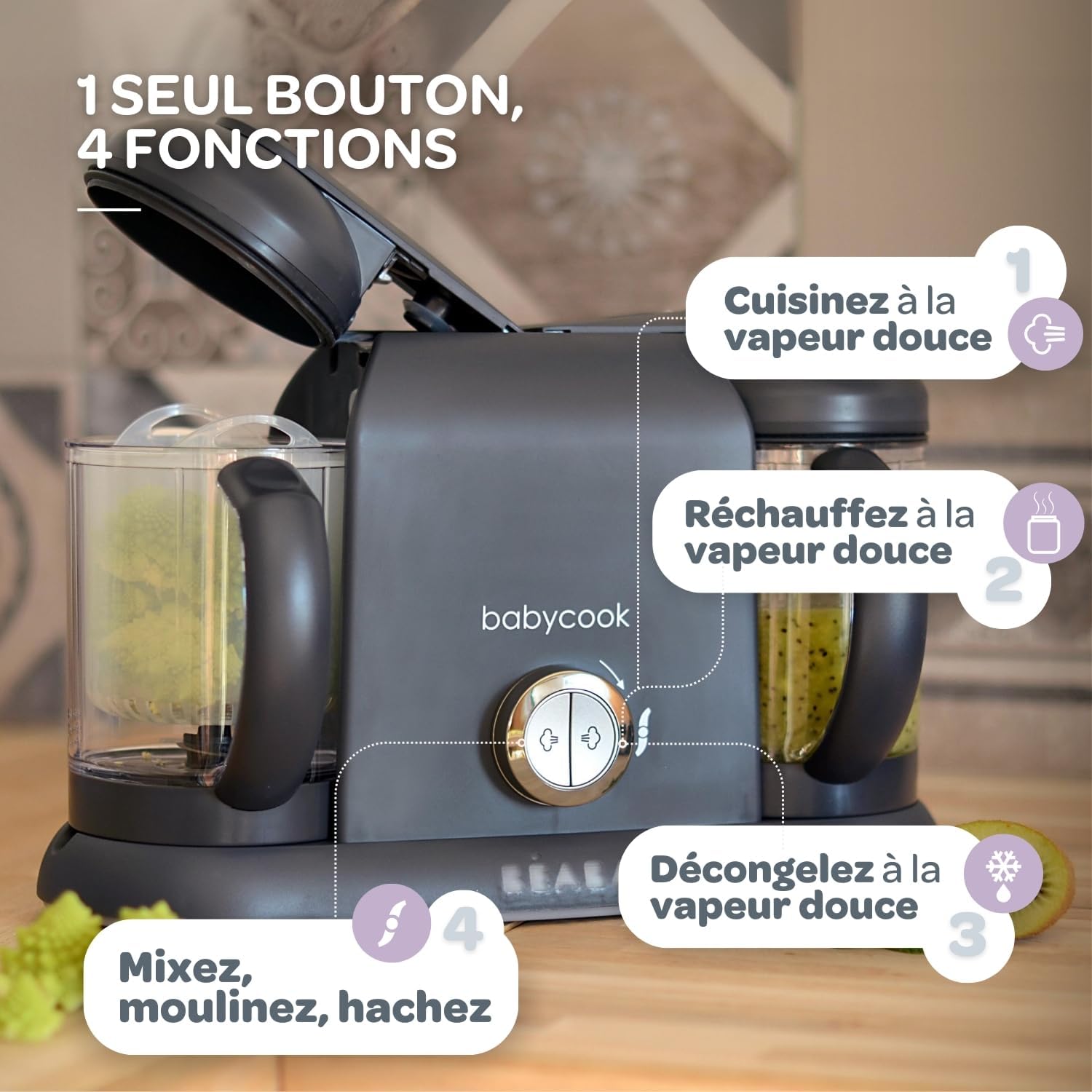 BÉABA, Babycook Duo Robot Bébé 4 en 1 Mixeur-Cuiseur, Cuisson Vapeur rapide 15min , Diversification alimentaire, Petits pots bébé maison, Contenance XXL 2200 ml, Noir