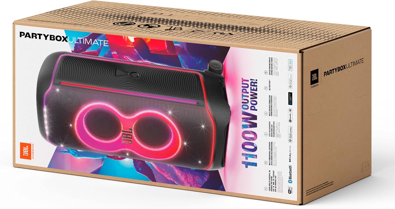 JBL PartyBox Club 120, Enceinte portable de soirée, poignée pliable ergonomique, jeu de lumières, 12 heures d'autonomie, résistante aux éclaboussures IPX4, noir, Prise européenne (Type C)