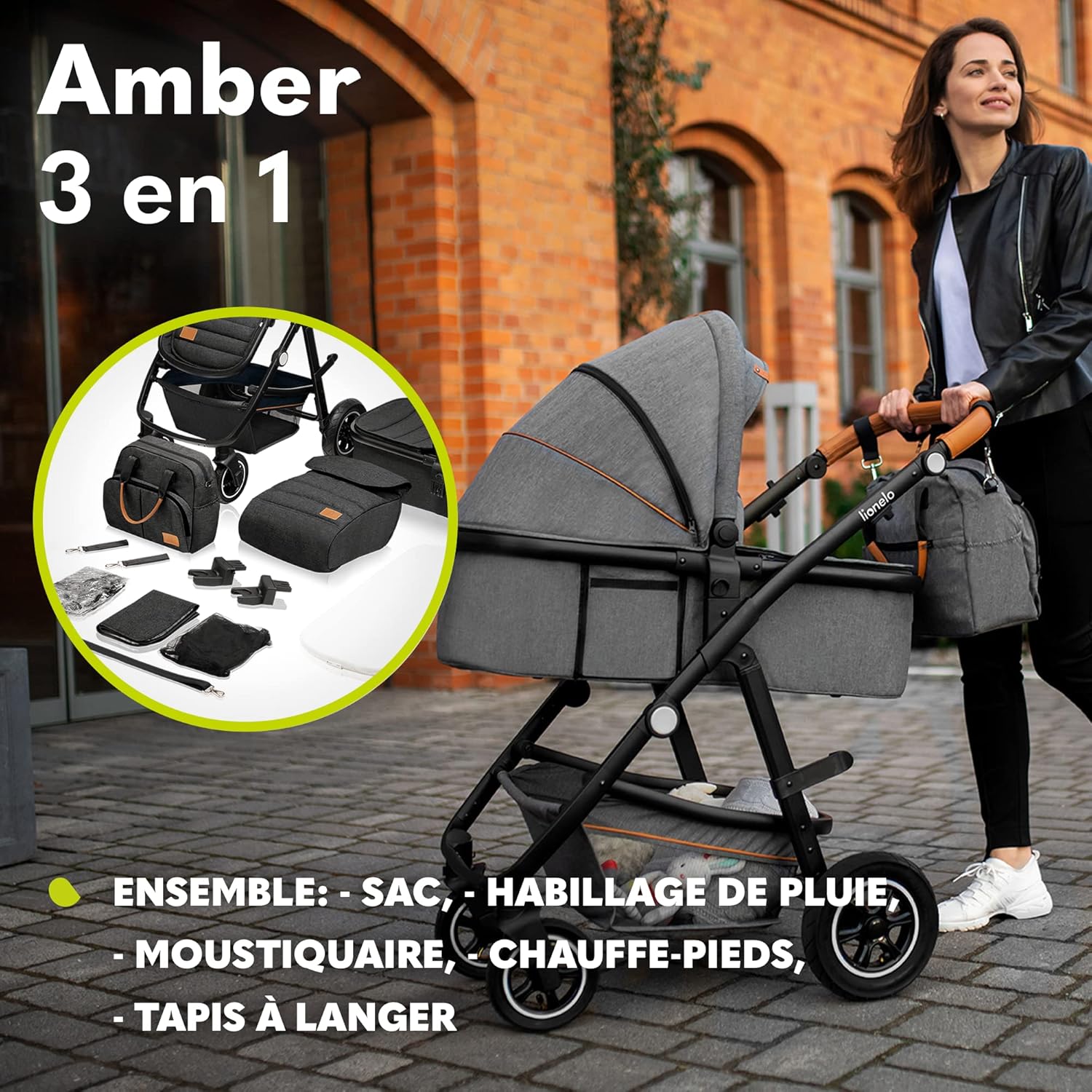 LIONELO Amber 3 in 1 poussette multifonctionnellle, landau, ensemble poussette avec siège sport et nacelle fixe, sac, moustiquaire, couvrir, feuille de pluie mit siege auto
