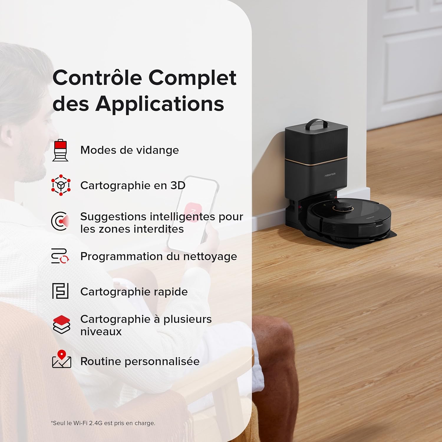 roborock Q8 Max+ Aspirateur Robot Laveur avec Station, Vidage Automatique, 5500Pa Aspiration, Brosse DuoRoller, Navigation LiDAR, Évitement d'obstacles, Cartographie Multi-Niveaux, Contrôle APP/Vocale