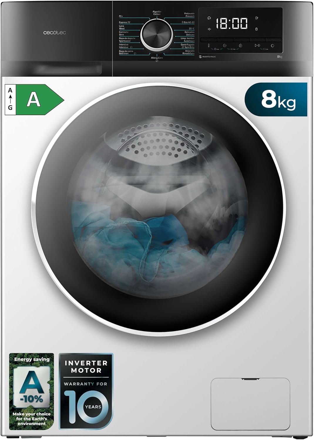 Cecotec Lavadora 8 Kg Carga Frontal Bolero Dresscode 8500 Inverter A. 1900 W, 1400 rpm, Motor Inverter Plus, Bajo Consumo, 16 Programas, SteamMax, Delay Start, Blanco