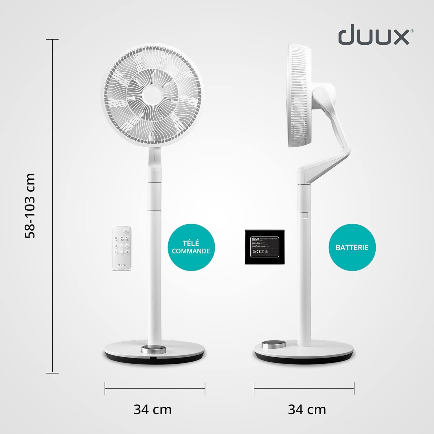 Duux whisper Flex Ultimate Blanc - Ventilateur sur pied - Ventilateur silencieux sur pied avec mode nuit et minuterie - Contrôle télécommande et smartphone - Batterie incluse