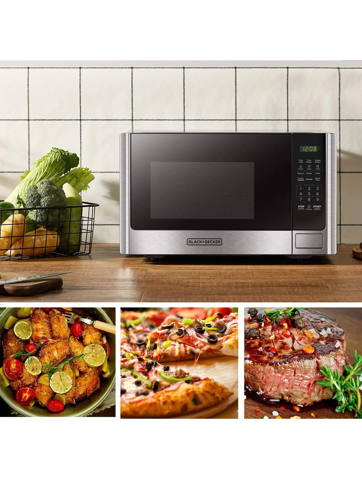 BLACK+DECKER Digital Microwave Oven with Turntable Push-Button Door, Child Safety Lock, Stainless Steel, 0.9 Cu Ft