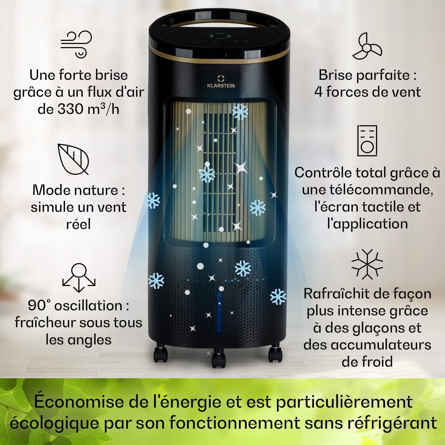 Klarstein Rafraichisseur d'Air 4 en 1, Climatiseur Portable Smart APP Mobile, Humidificateur, Ventilateur, Sans Évacuation 65W, Pack Glacons, Mode Nuit, Puissant Débit d'Air 330m³/h
