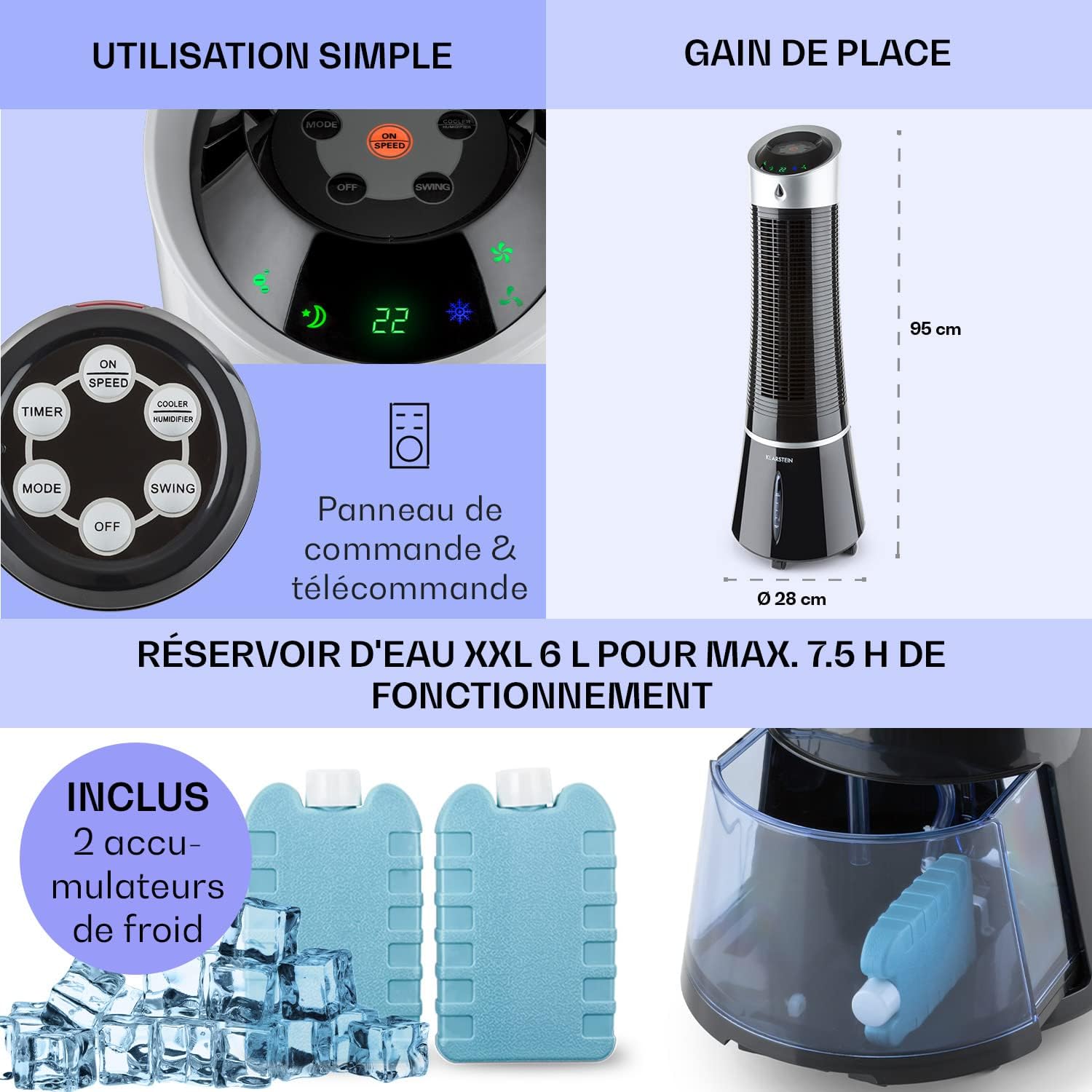 Klarstein Rafraichisseur d'Air Mobile 5 en 1, par Evaporation avec Humidificateur, Ventilateur, Ioniseur, Climatiseur Mobile Sans Évacuation, Mode Nuit, 45W, Débit d'Air de 180m³/h