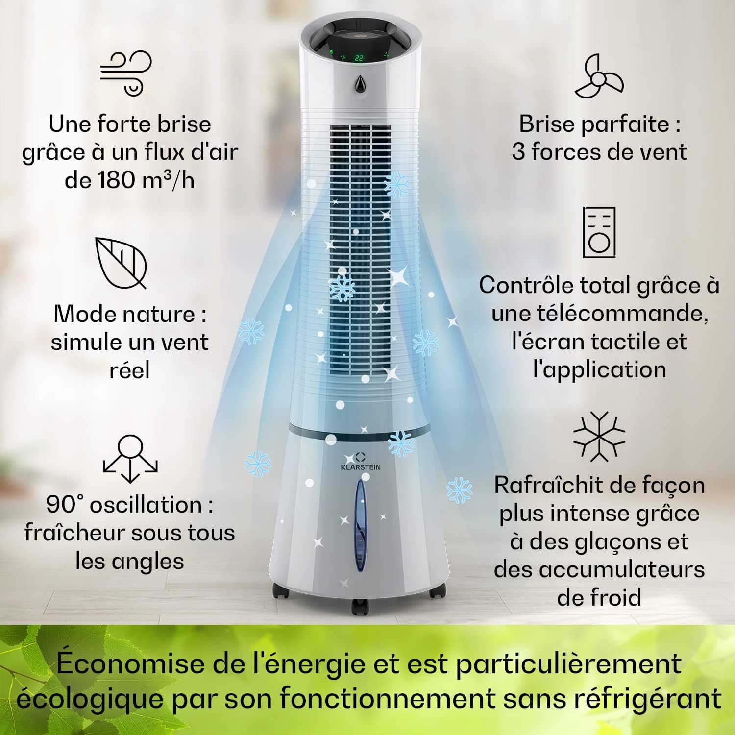 Klarstein Rafraichisseur d'Air Mobile 5 en 1, par Evaporation avec Humidificateur, Ventilateur, Ioniseur, Climatiseur Mobile Sans Évacuation, Mode Nuit, 45W, Débit d'Air de 180m³/h