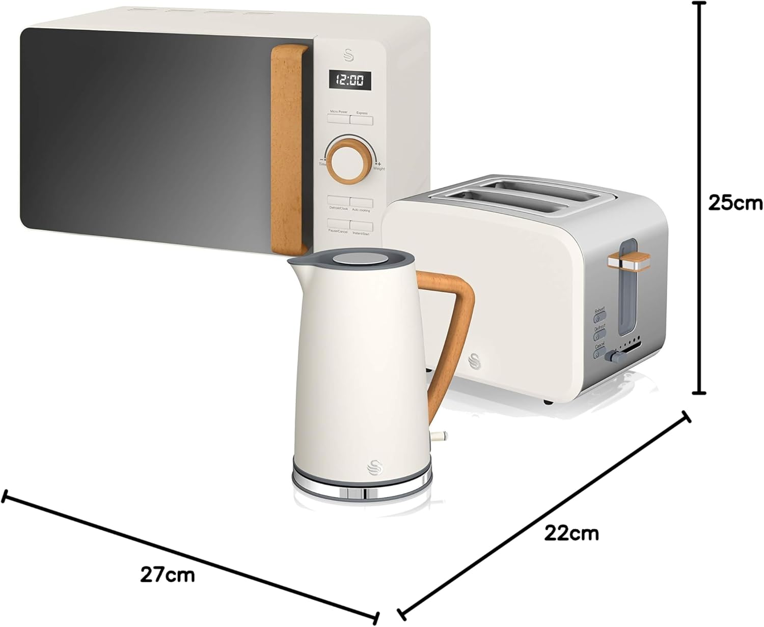 Swan Nordic Set petit-déjeuner bouilloire 1,7 l 3000 W, grille-pain à fente large 2 tranches, micro-ondes 20 l numérique, design moderne, effet bois, blanc