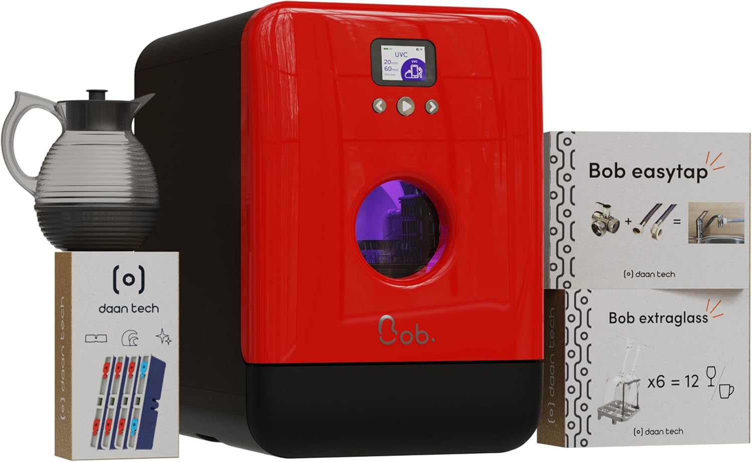 DAAN TECH Bob - Lave-vaisselle Compact 3 Couverts Encastrable - Pose Libre, Avec Réservoir, Portable - Séchage Naturel - Assiette 29 cm - Label Origine France Garantie, Eco-Conçu (Blanc-Rouge)