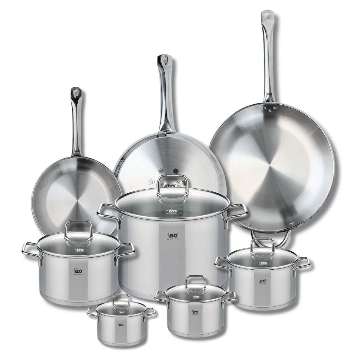 Ensemble de 3 Poêles de cuisson 24, 28 et 32 cm et 5 faitouts 12, 14, 16, 20 et 26 cm Elo Profi Citrin Elo