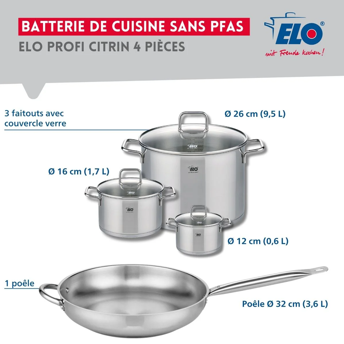 Set de 1 Poêle de cuisson 32 cm et 3 faitouts 12, 16 et 26 cm Elo Profi Citrin Elo