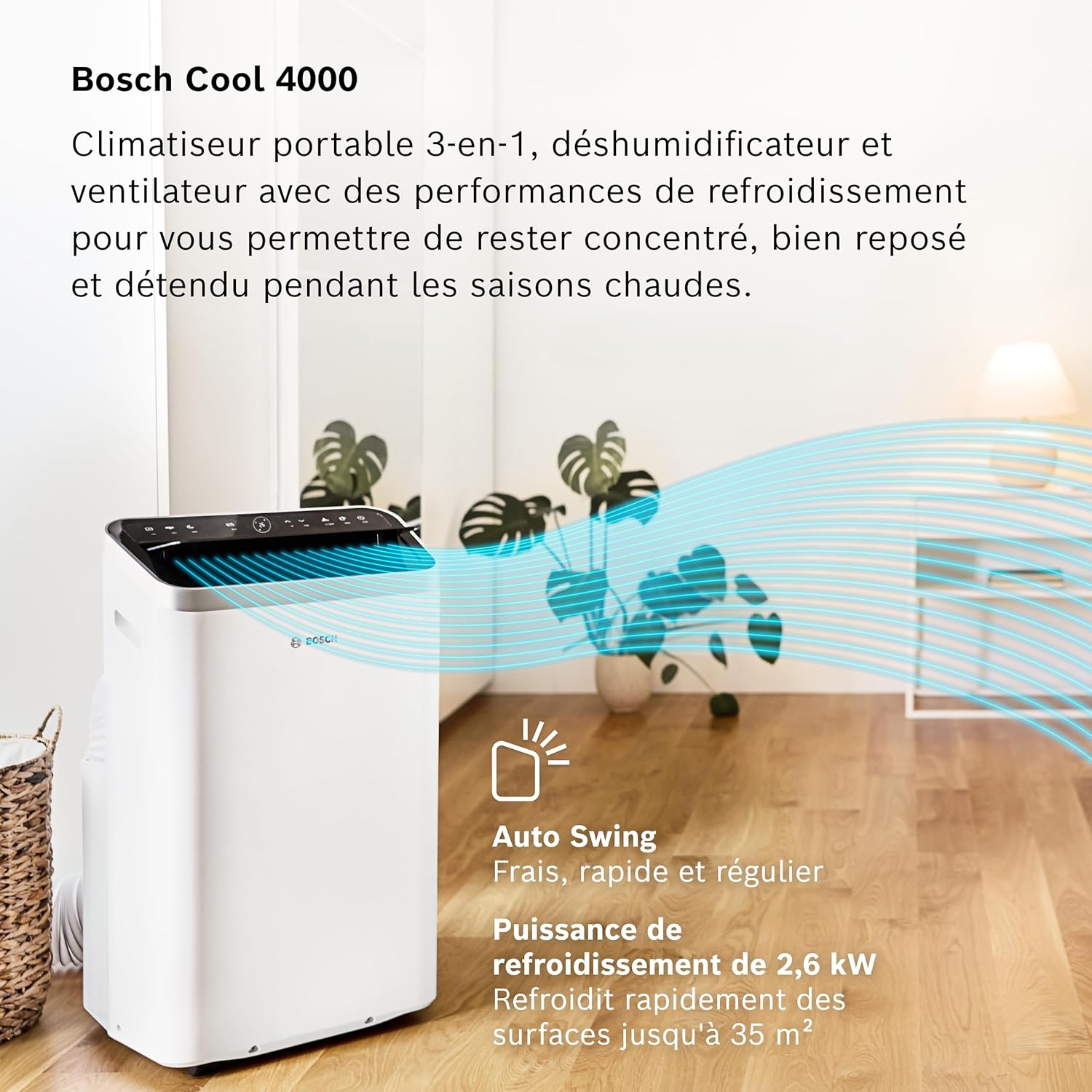 Bosch Cool 4000 Portable AC - 3 en 1 : Climatiseur, Déshumidificateur, Ventilateur - 2,6 kW pour les pièces jusqu'à 35m² - Avec Mode Auto, Mode Silencieux et Mode Veille (48 db (A)) [Classe A+]