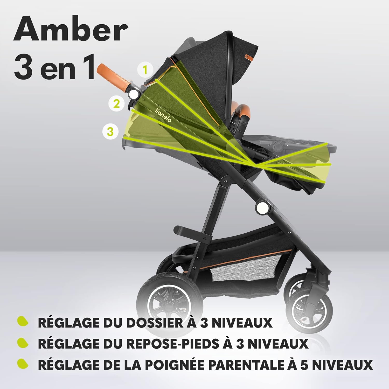 LIONELO Amber 3 in 1 poussette multifonctionnellle, landau, ensemble poussette avec siège sport et nacelle fixe, sac, moustiquaire, couvrir, feuille de pluie mit siege auto