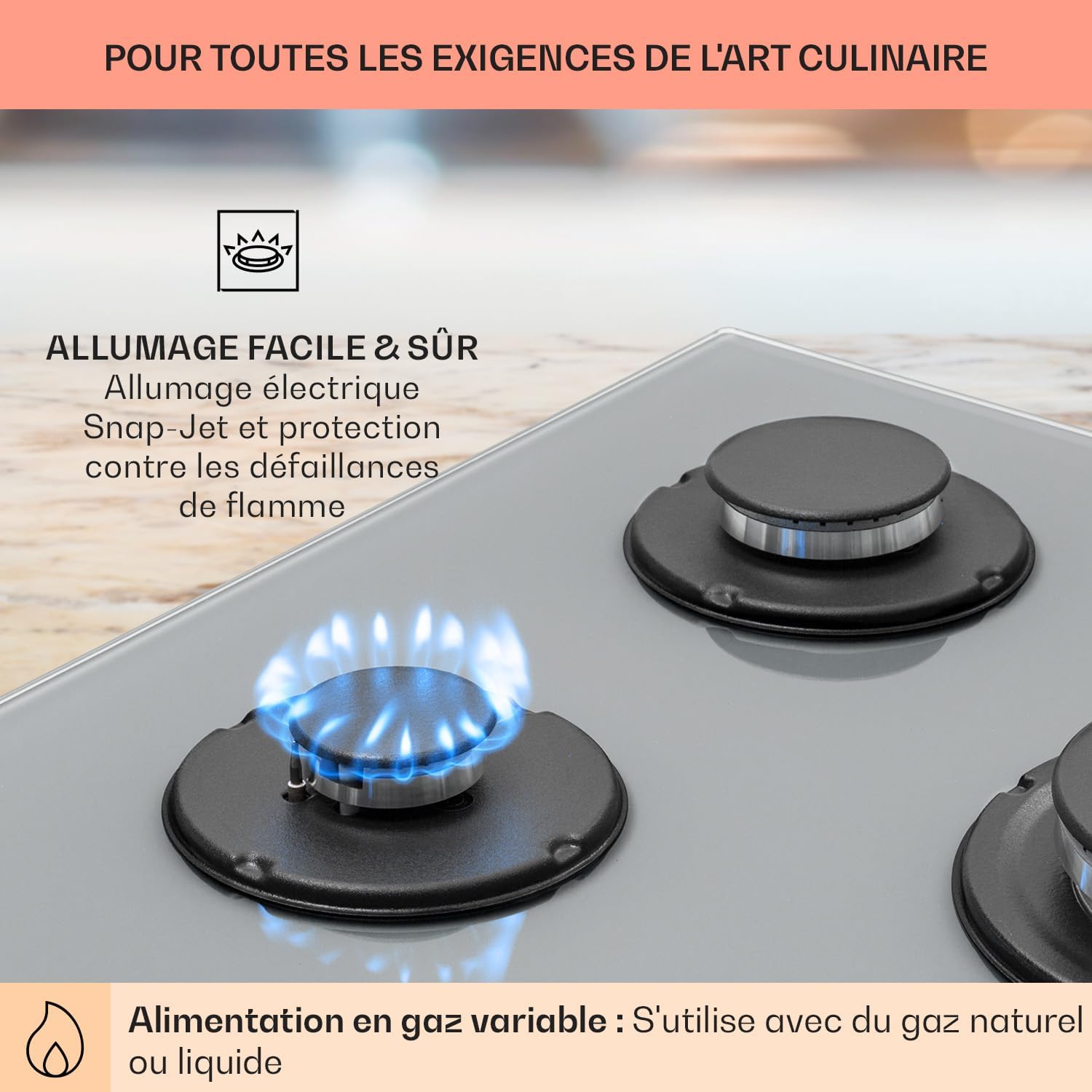 Klarstein Table de Cuisson à Gaz, Plaque de Cuisson Gaz à 4 Brûleurs, Table de Cuisson Electrique à 4 Feux de 8000W, Cuisiniere Gaz, Gaziniere Gaz avec Brûleurs en Acier Inoxydable, Cuisinières GPL