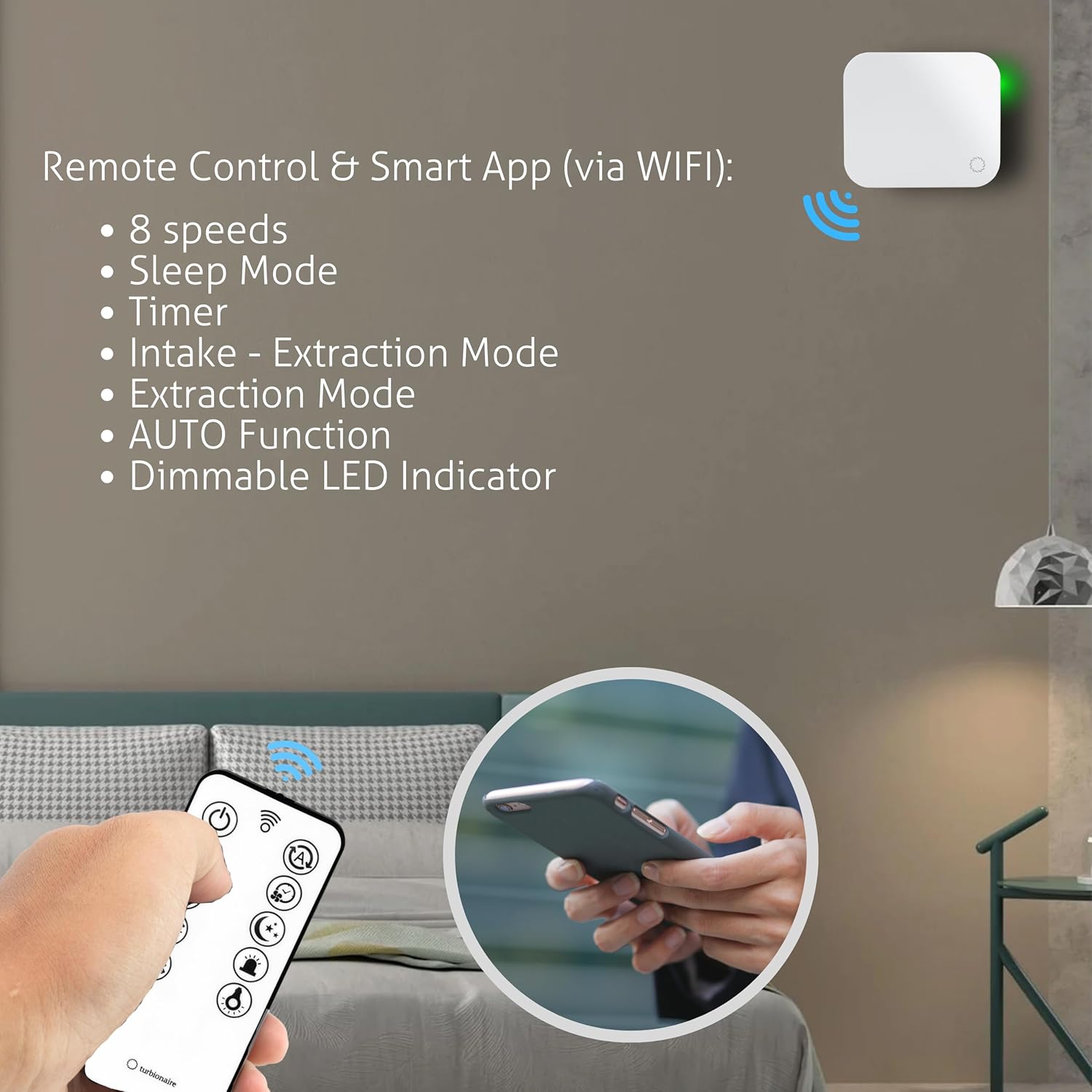 Turbionaire Trend HRV Unite de VMC Décentralisée, Récupérateur de Chaleur Céramique, Capteur d'Humidité, Télécommande, Minuterie, 8 Vitesses, Flux d'Air Réversible, 100 mm, Blanc, Silenciuse