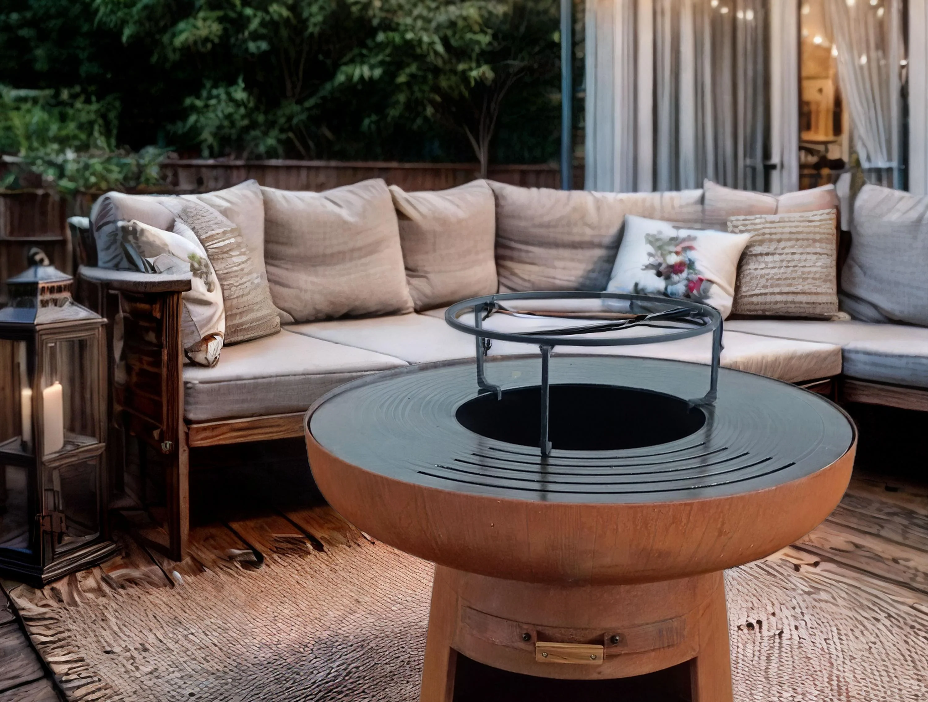 Barbecue rond avec plaque ronde en acier et grille en acier corten