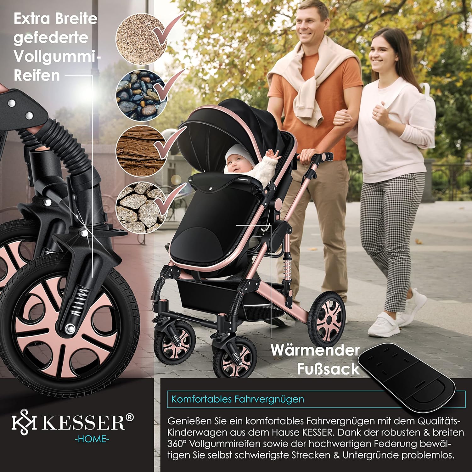 KESSER® Poussette combinée 3en1 Set incl. baignoire bébé poussette Siège sport & siège auto pour bébé Pneus pleins en caoutchouc Sac à langer Protection pluie Table pour enfant ECE R129 noir/champagne
