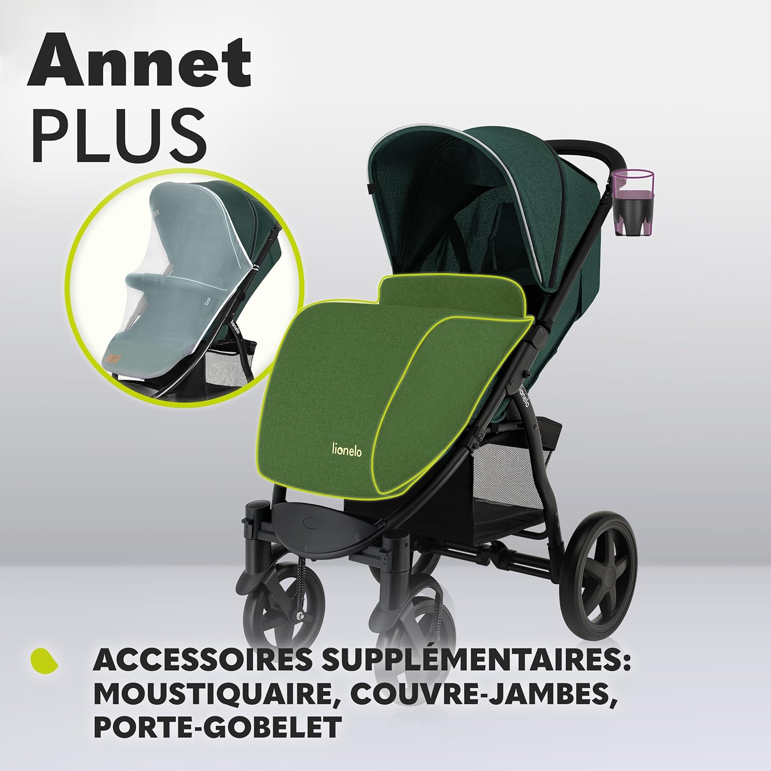 LIONELO Annet Plus poussette bebe à 22 kg, auvent avec fenêtre, roues EVA, chancelière moustiquaire porte-gobelet, réglage du dossier jusqu’à la position couchée (Dreamin, PLUS)