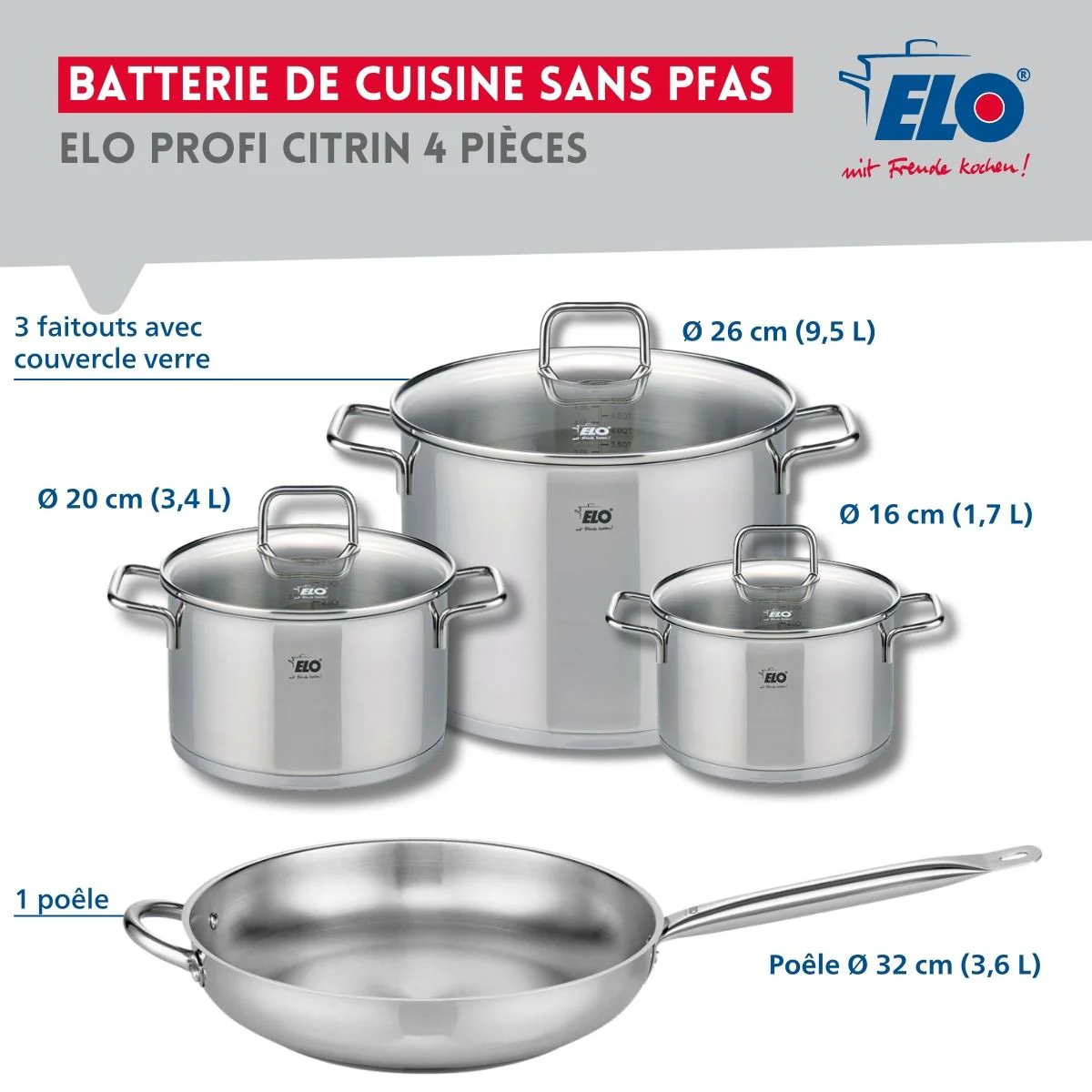 Set de 1 Poêle de cuisson 32 cm et 3 faitouts 16, 20 et 26 cm Elo Profi Citrin Elo