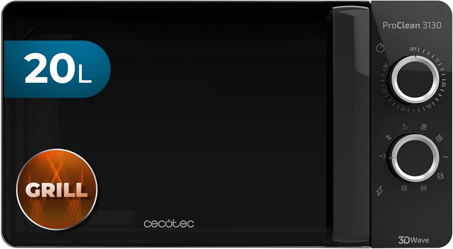 Cecotec Four à micro-ondes ProClean 9110 FullINOX avec grill 1000 W, 30 litres, 5 niveaux de puissance, 8 programmes, minuterie de 60 minutes, revêtement Ready2Clean, design avant miroir