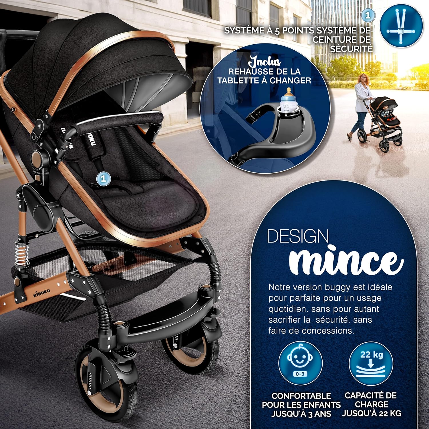KIDUKU® Poussette Combinée 3 en 1 | Trio pour Enfants | Siége Auto Légère, Piable | Nacelle Souple Convertible | Set de Voyage (Noir/Champagne)