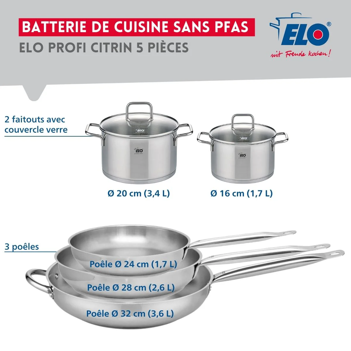 Ensemble de 3 Poêles de cuisson 24, 28 et 32 cm et 2 faitouts 16 et 20 cm Elo Profi Citrin Elo