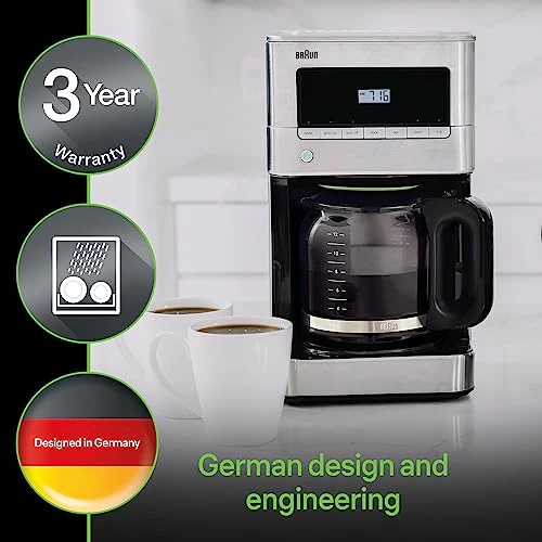 Braun KF7070 BrewSense Drip Glass Coffeemaker, 12 Cup, Stainless Steel