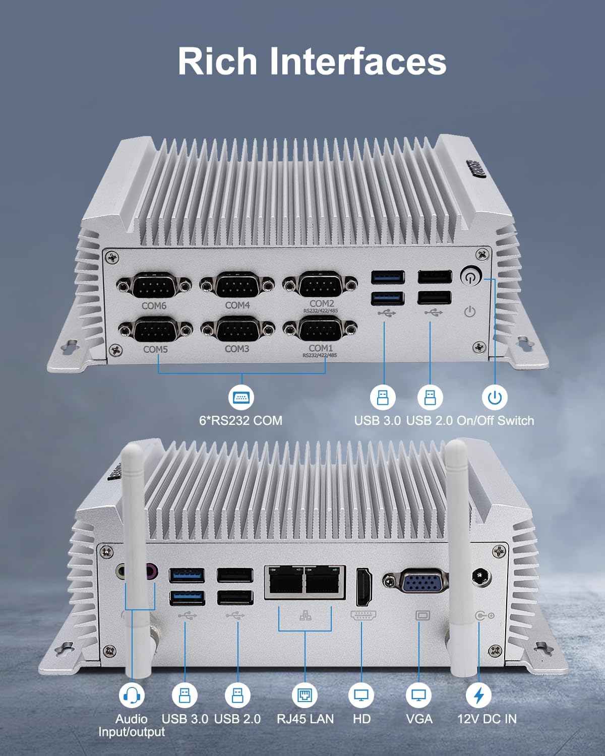 BASOARO Mini PC Industriel Win 10, PC de Bureau sans Ventilateur, Core i7 4500U, 8G RAM 256G SSD, 2 Gigabit Ethernet, HD, VGA, RS232/RS485 COM Port, 4 USB3.0, 4 USB2.0, WiFi, BT