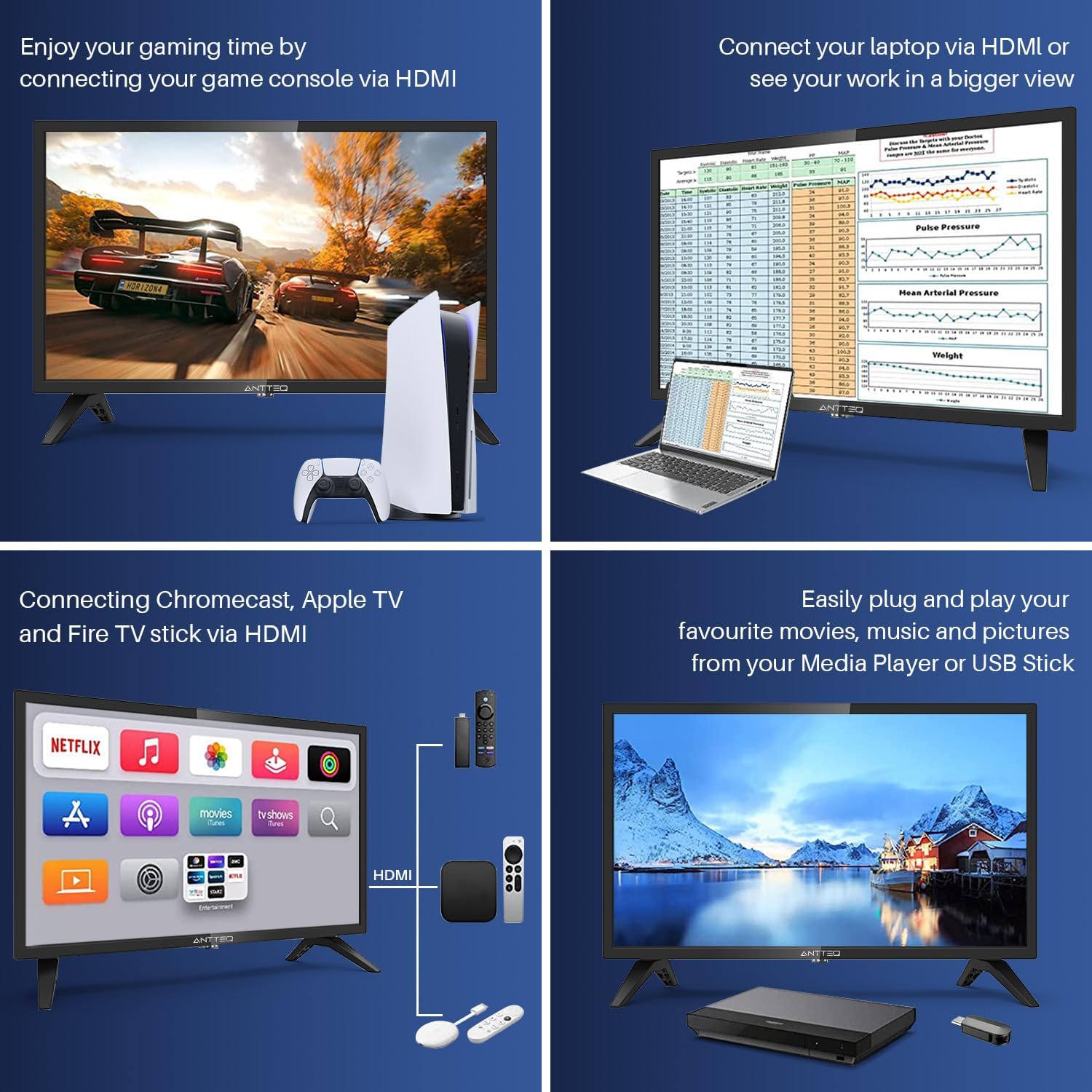 Antteq AB42D1 télévision 42 Pouces (TV 107 cm), Dolby Audio, LED, Triple Tuner DVB-C / T2 / S2, CI+, HDMI, Lecteur multimédia Via USB, Sortie Audio numérique, y Compris Mode hôtel