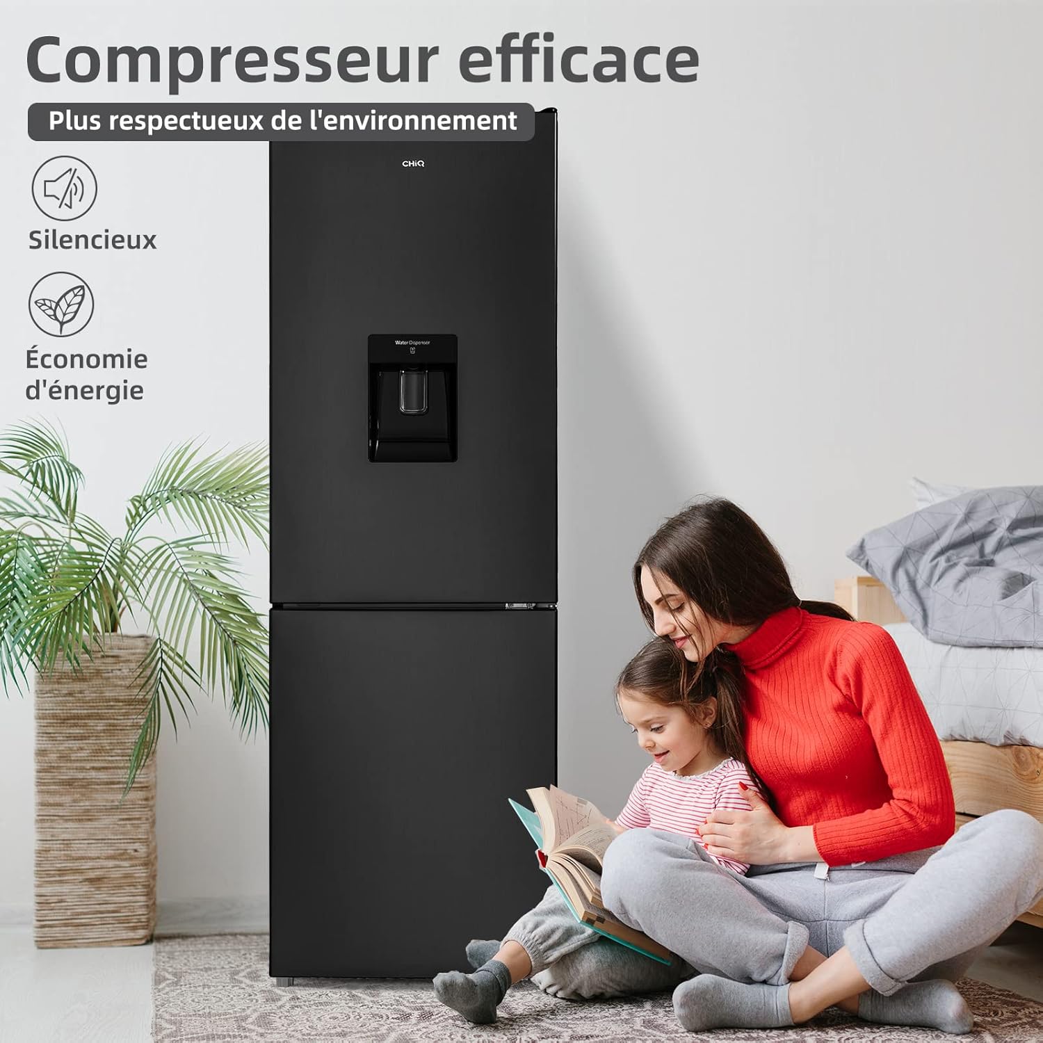 CHIQ Réfrigérateur autoportant 317L à Inverter, 322 l, sans givre, flux d'air multiple, congélation rapide, électronique tactile, compresseur avec garantie de 12 ans, efficacité améliorée, noir