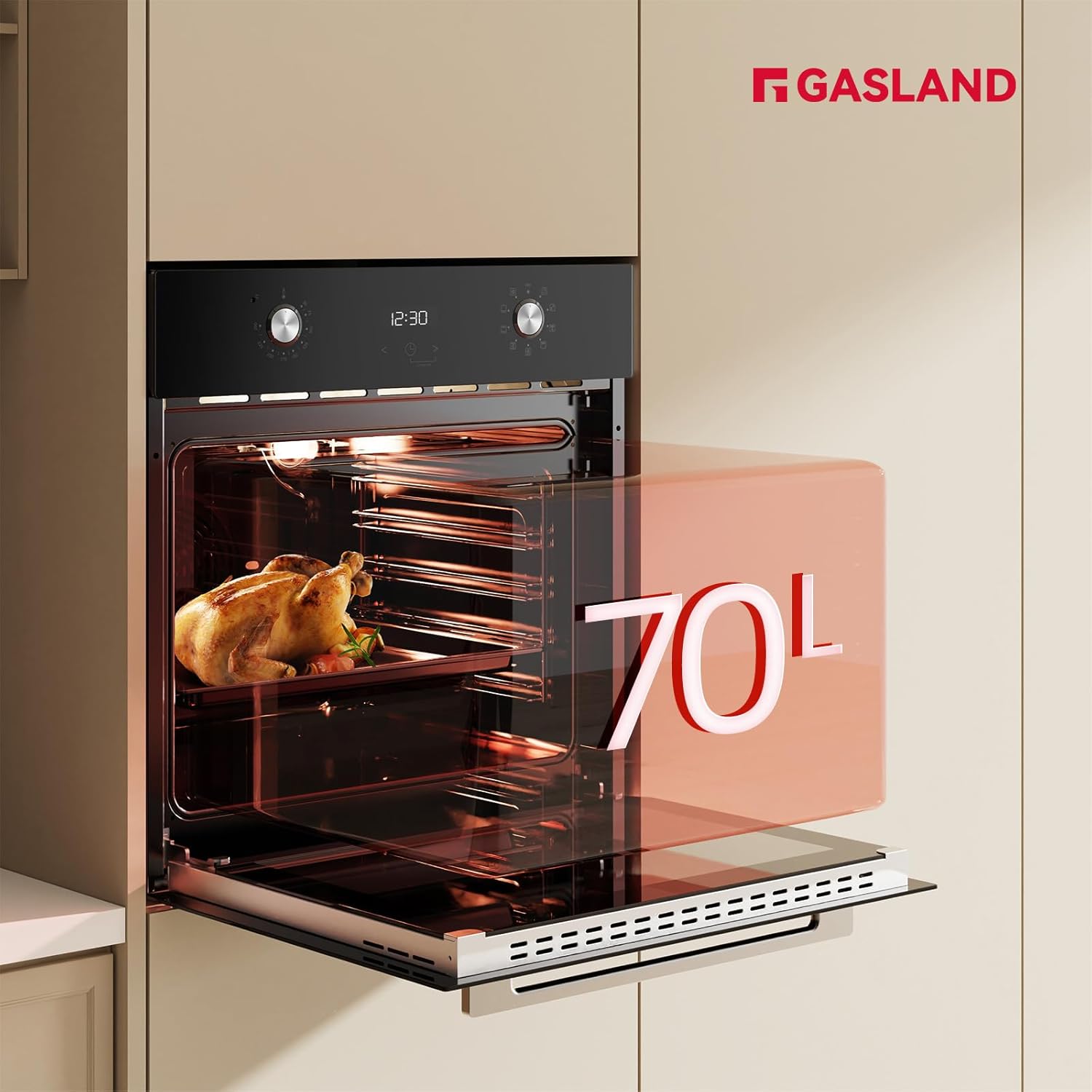 GASLAND ES609321DSH Four à encastrer, 70L, autarcique, four électrique avec 9 fonctions four, triple vitrage, tiroir télescopique et sélecteur rotatif escamotable, air chaud, inox, sécurité enfant