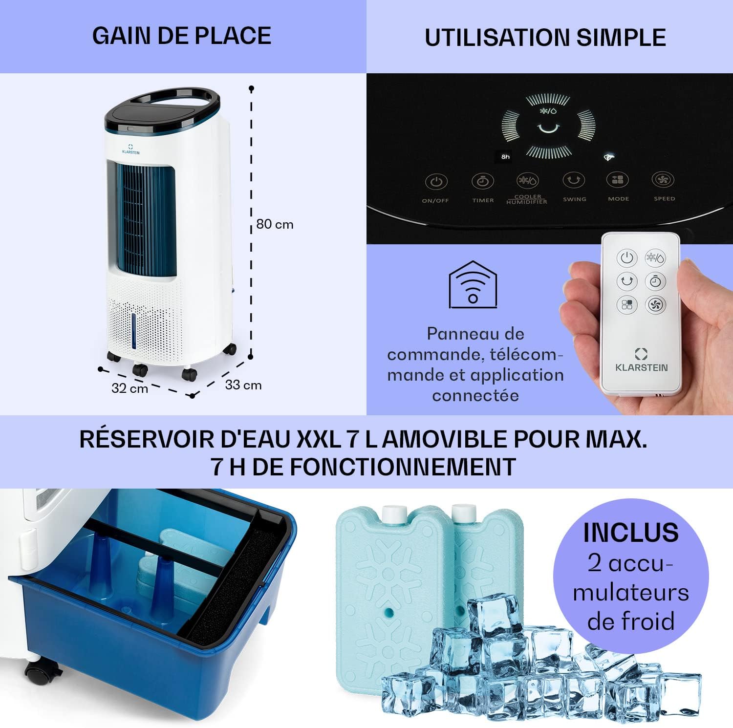 Klarstein Rafraichisseur d'Air 4 en 1, Climatiseur Portable Smart APP Mobile, Humidificateur, Ventilateur, Sans Évacuation 65W, Pack Glacons, Mode Nuit, Puissant Débit d'Air 330m³/h