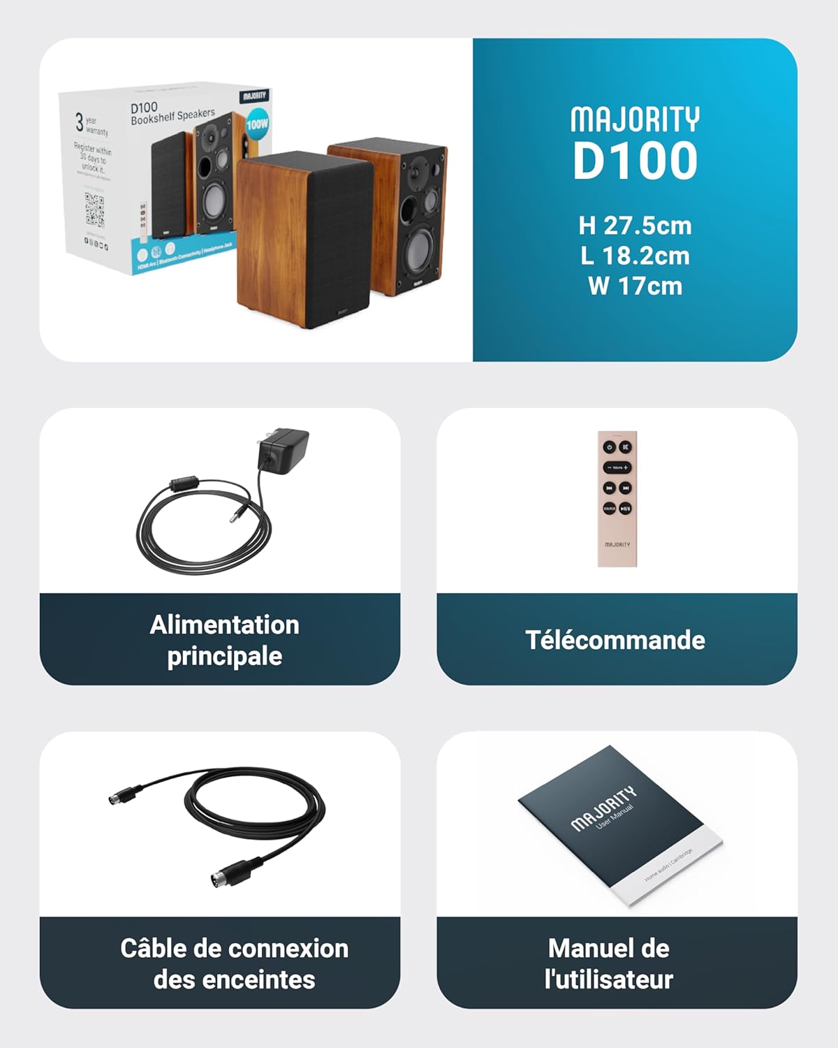 Enceinte Active Amplifiée | 100W Enceinte PC Bluetooth | Triple Conducteur Enceintes Bibliotheques | Enceinte Monitoring Studio avec HDMI Arc | Enceinte HiFi pour Platine Vinyle ou TV | Majority D100