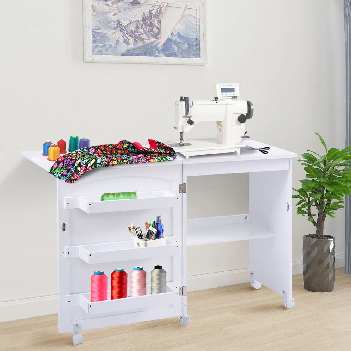 Table pour machine à coudre à roulettes pliable table roulante à 3 étagères en MDF 117 x 40 x 77 cm blanc 20_0009462