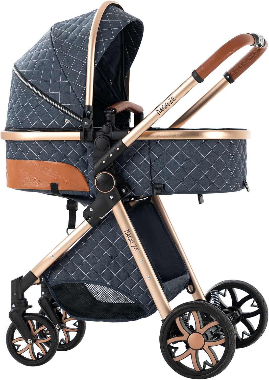 Magic ZC Poussette 3 en 1, Poussette Bebe avec Conception Portable Pliable en Un Clic, Pousette 3 en 1 avec Poussée Réversible Bidirectionnelle, Poussette Trio avec Accessoires (black gold 588)