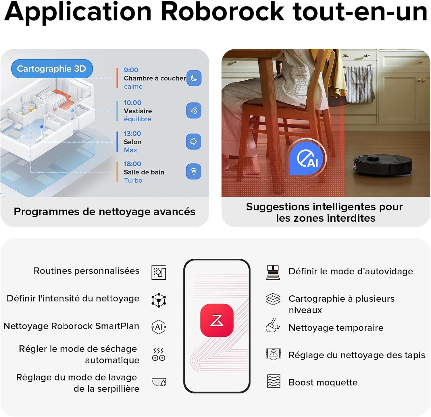 roborock Qrevo S Set Aspirateur Robot Laveur, 7000Pa HyperForce, Double Serpillière Rotative 200 tr/min & Relevable 10mm, Station Multifonctionnelle, 3D Cartographie, Reactive Tech, Contrôle APP, Noir