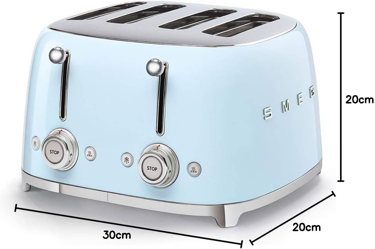 Smeg, Grille-pain 4 Tranches TSF03BLEU, 4 Fentes 36 mm, 6 Niveaux de Brunissage, Fonction Chauffage, Décongélation et Bagel, Éjection Automatique du Pain, 2 Ramasse Miettes, 2000 W, Noir