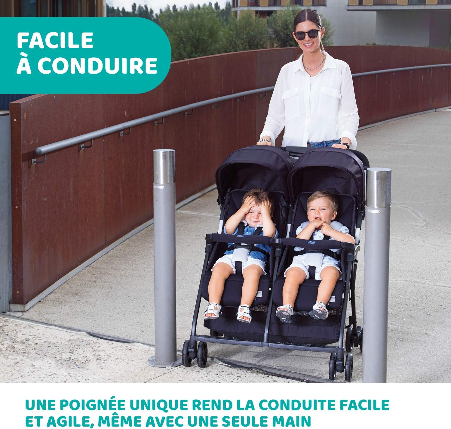 Chicco OHlalà Poussette Canne Double, Légère Inclinable et Pliable, Poussette pour Jumeaux de la Naissance à 15 kg, Fermeture Compacte, Inclus une Housse de Pluie, Capote Extensible - black night