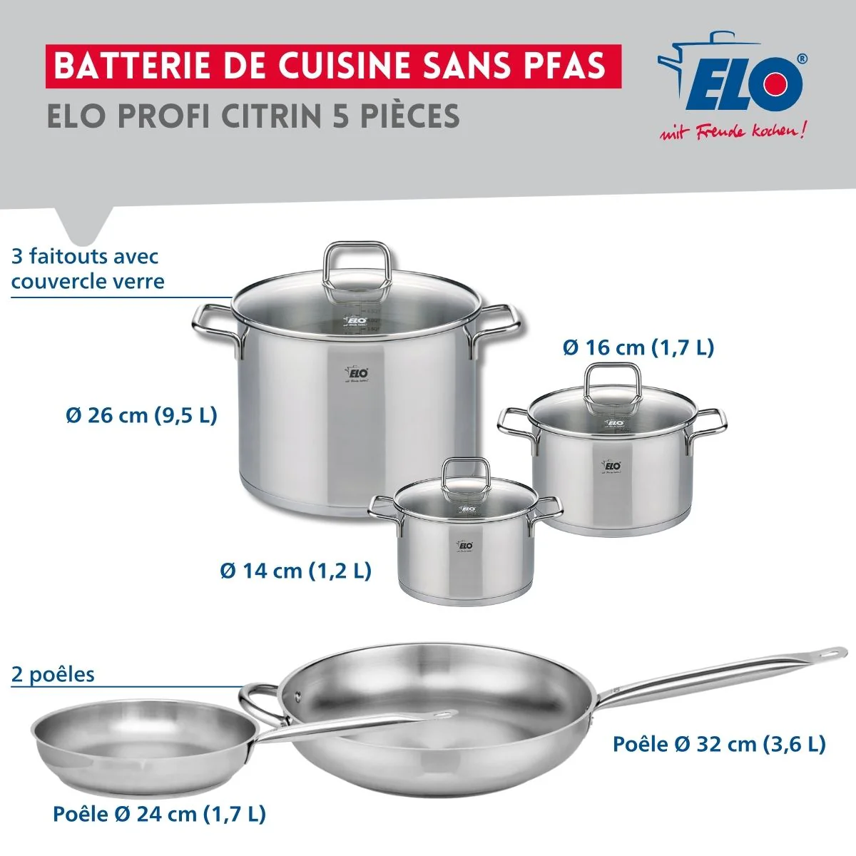 Ensemble de 2 Poêles de cuisson 24 et 32 cm et 3 faitouts 14, 16 et 26 cm Elo Profi Citrin Elo