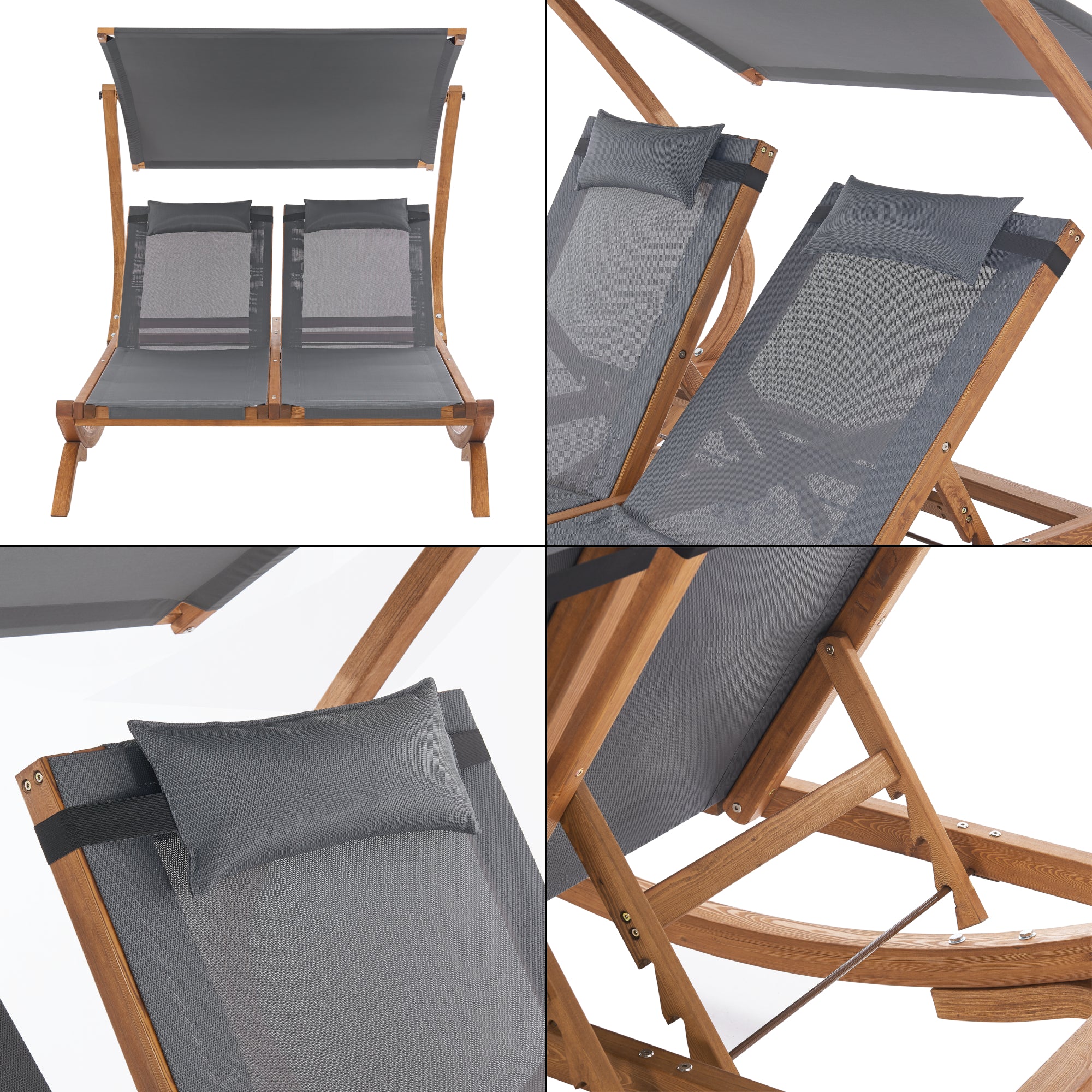 Transat bain de soleil à double couchage en textile et mélèze 197 x 156 x 144 cm 03_0006419