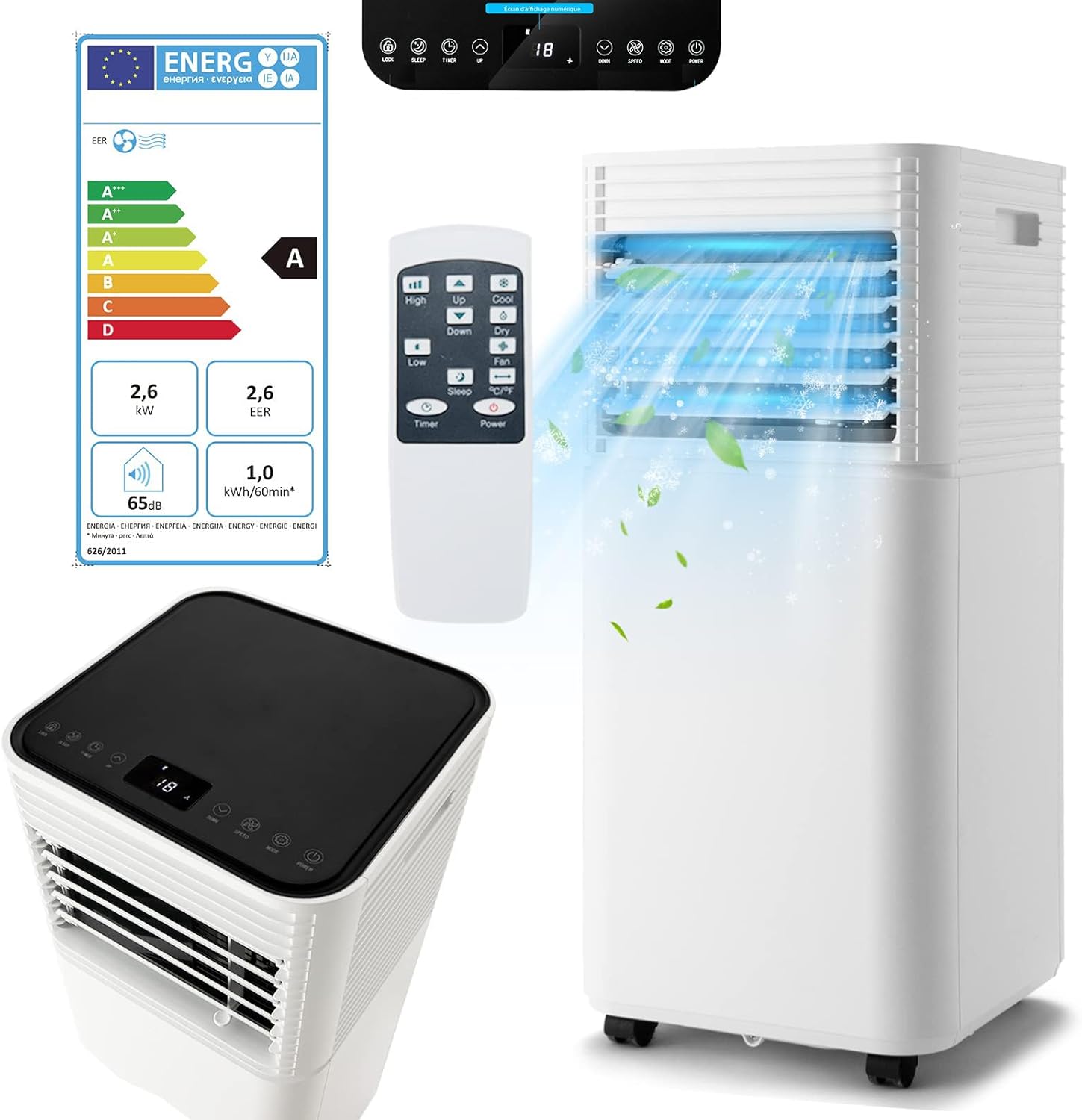 RELAX4LIFE Climatiseur Mobile Silencieux 9000BTU, Climatiseur Portable 4 en 1, Refroidisseur d'Air, Ventilateur, Déshumidificateur, Mode Nuit, 15-20㎡, Télécommande, Minuterie 24H, Classe Energie A